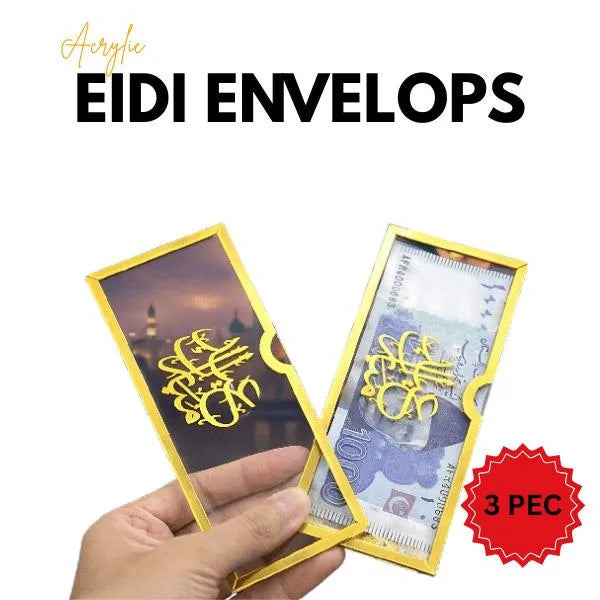 Luxury Acrylic Eidi Envelopes Gold 3Pc Set – Premium Reusable Eid Money Holder